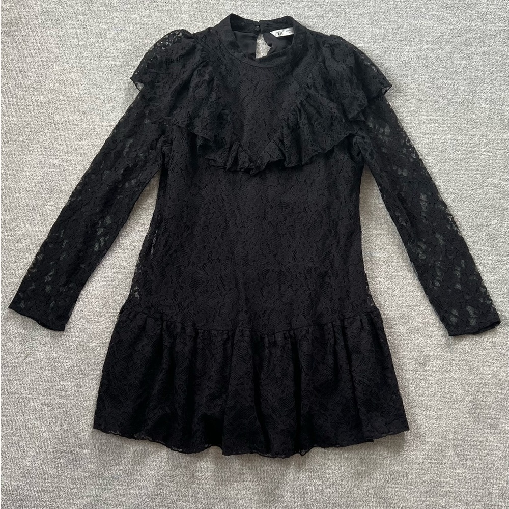 Zara Black Lace Ruffled Romper Dress